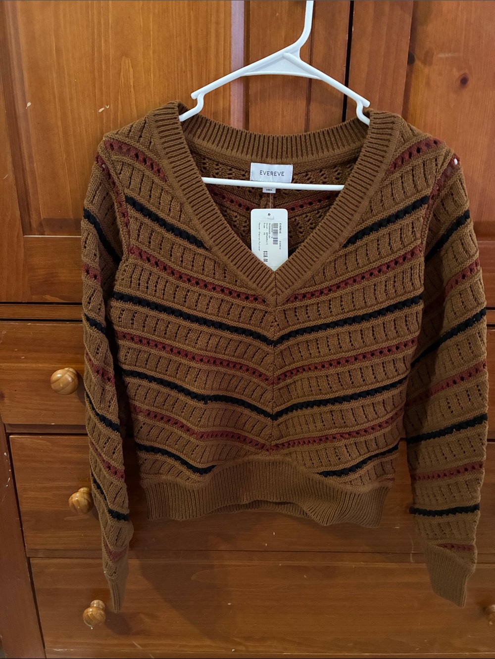 Evereve Brown V-Neck Pointelle Sweater with Black and Burgundy Stripes